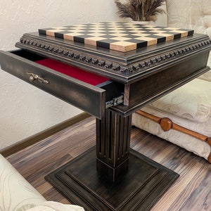 Wooden Chess board / table &quot;Black stone&quot; gray patina, hand made,solid ash wood, storage for pieces ,Annyversary Wooden Gift for Dad