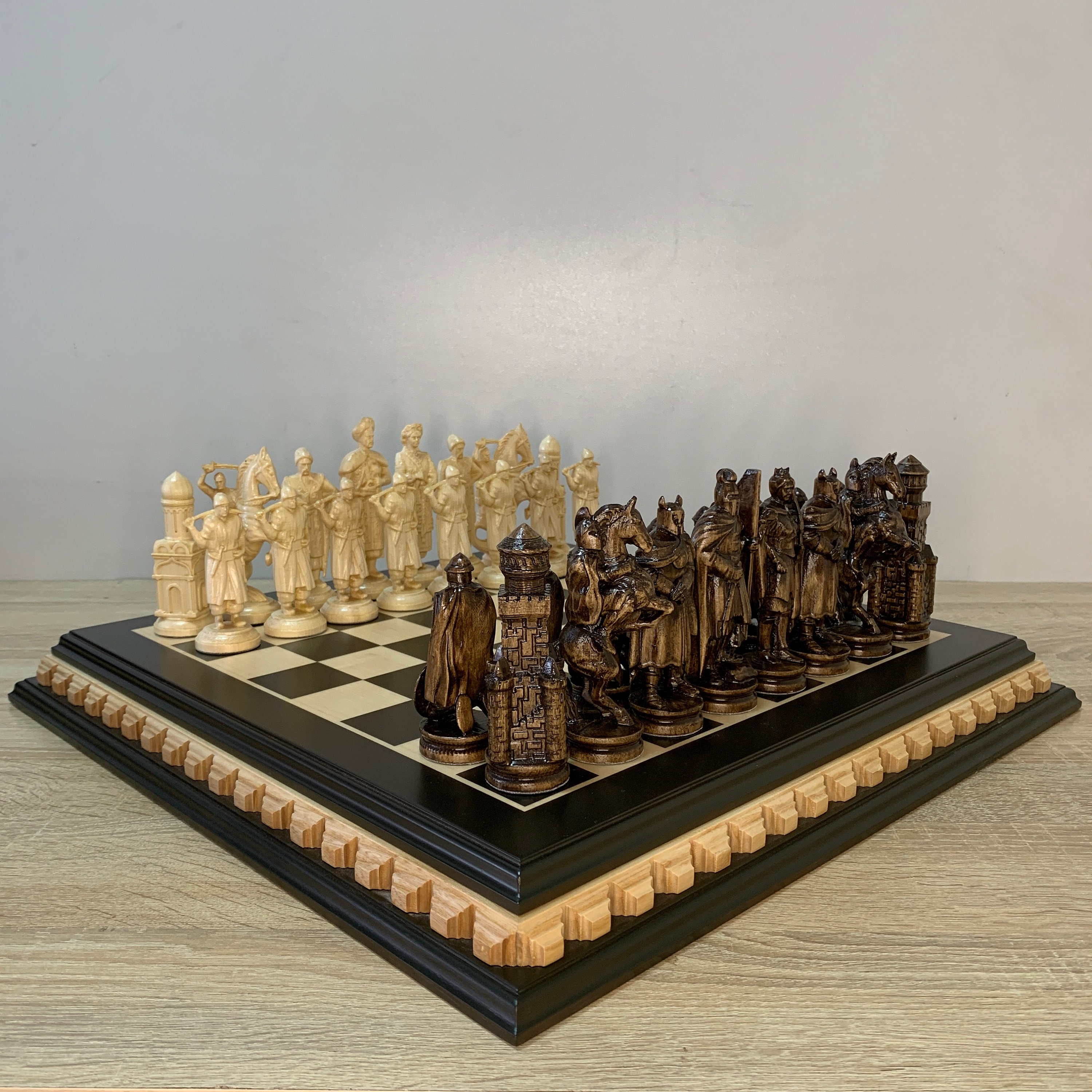 Wooden Chess set board, pieces wood carving handmade family game