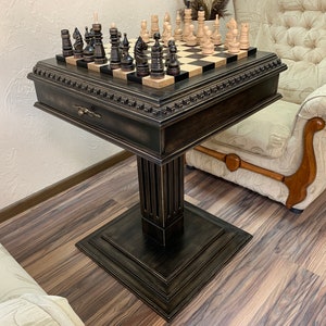 Chess Table/Board "Black stone" with storage for pieces Classic Luxe, solid ash wood, Handmade, Annyversary Wooden Gift for Dad, Son, Boss