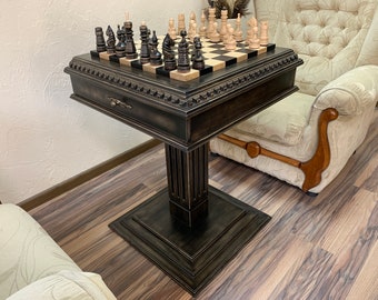 Chess Table/Board &quot;Black stone&quot; with storage for pieces Classic Luxe, solid ash wood, Handmade, Annyversary Wooden Gift for Dad, Son, Boss