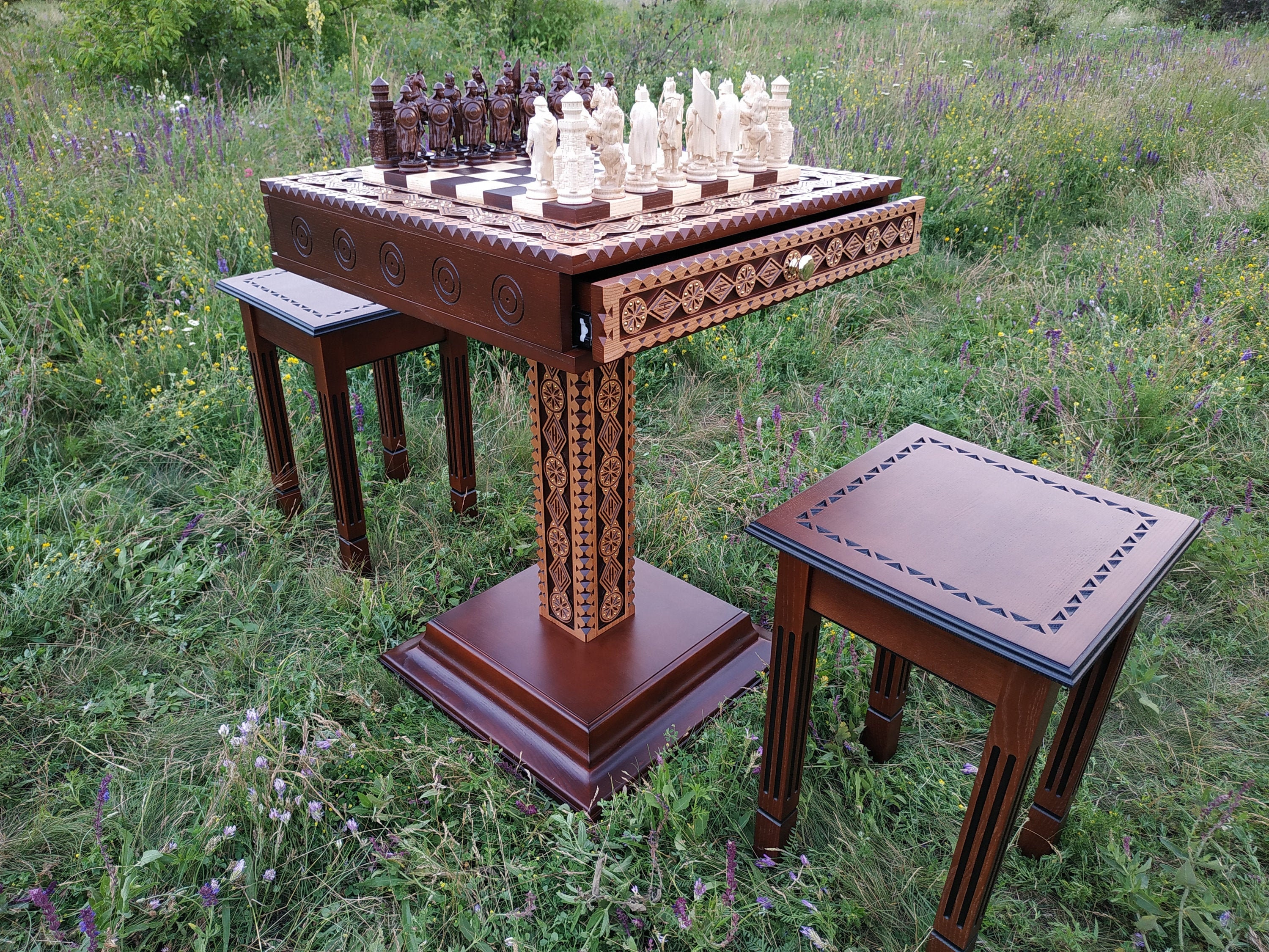 20 Wooden Chess Board Table with Drawers - 24 Height- Golden Rosewoo