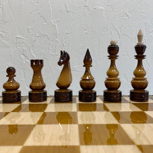 Wooden Chess Pieces ONLY &quot;Elite&quot; HandMade Carved solid maple wood, super gloss, Exclusive Annyversary Gift for Husband Dad, Elen Elite brand