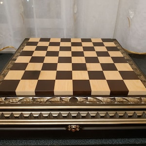 Handmade Ash Wood Chess Board: Gold Foliage Carved Design