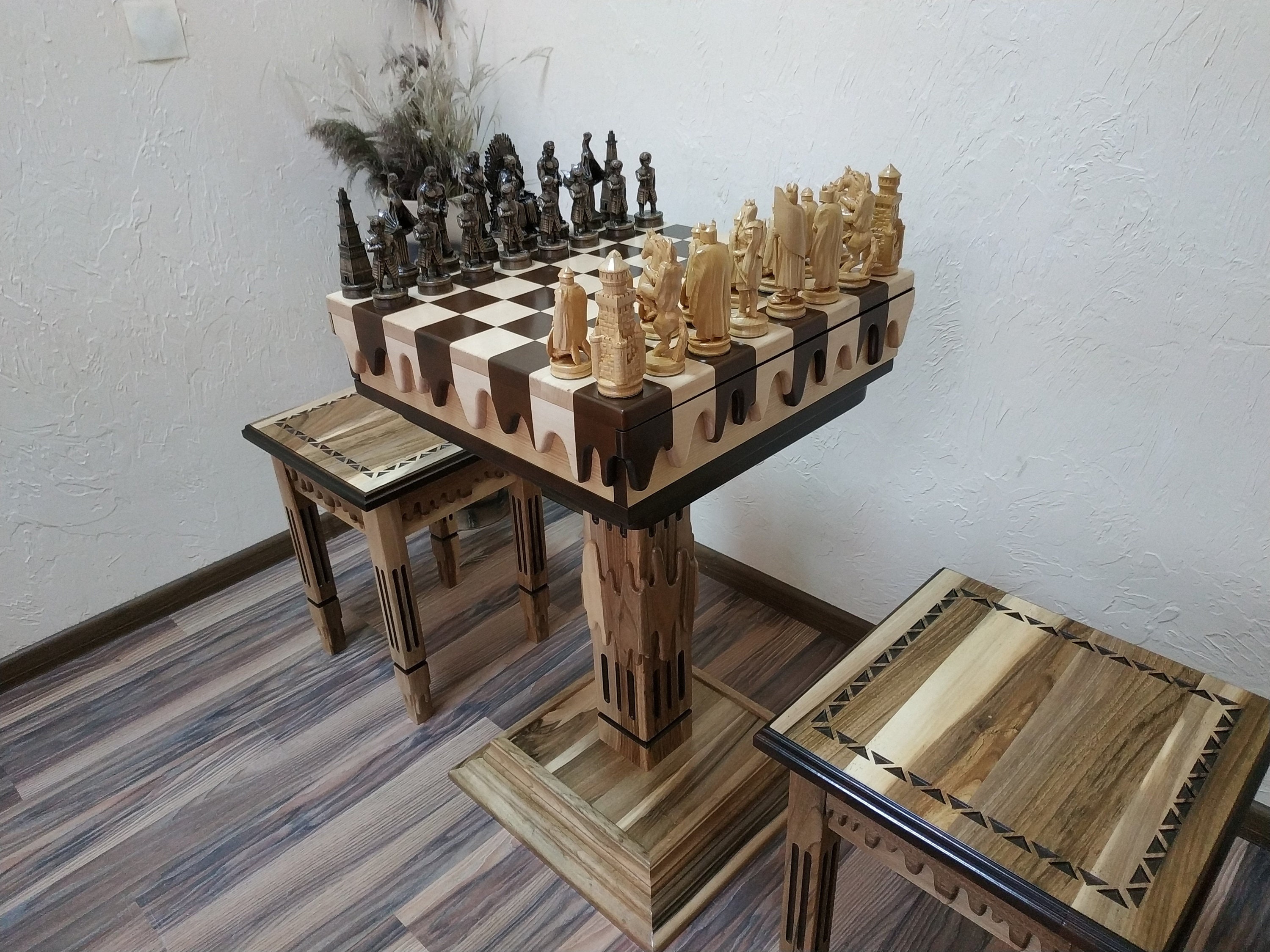 20 Wooden Chess Board Table with Drawers - 24 Height- Golden Rosewoo