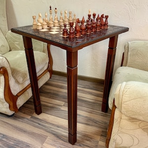 Chess set Board/Table, Brown+Natural wooden classical pieces Elite, handmade family game, modern chess furniture, Anniversary.