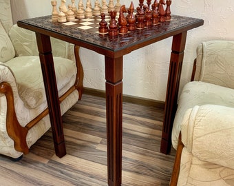 Chess set Board/Table, Brown+Natural wooden classical pieces Elite, handmade family game, modern chess furniture, Anniversary.