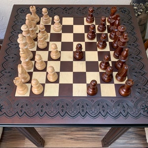 Chess set board, table, wooden classical pieces wood carving handmade family game unique exclusive Christmas gift for son husband boyfriend image 3