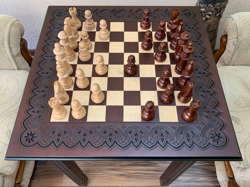 Chess set board, table, wooden classical pieces wood carving handmade family game unique exclusive Christmas gift for son husband boyfriend image 3