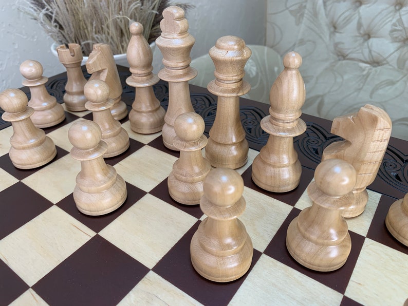 Chess set board, table, wooden classical pieces wood carving handmade family game unique exclusive Christmas gift for son husband boyfriend image 9