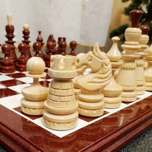 Wooden chess pieces &quot; Brown/Gold&quot; exclusive carved wood unique woodcarving handmade Anniversary Christmas gift for father husband boyfriend