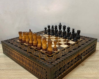 Chess Board "The Art of a Winner" with two drawers for storing pieces Wooden Chess Set Anniversary, Birthday chess gift for husband, family