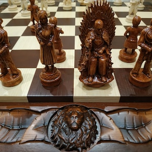 Wooden Chess Set: Table/Board &quot;Lion Victory&quot;chess pieces woodcarving Battle of Thrones exclusive family game handmade Christmas gift for him