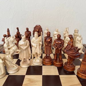 Wooden Chess pieces &quot;Battle of Thrones & Knights&quot; chess set large, chess board only, handmade chess solid wood Anniversary gift personalized