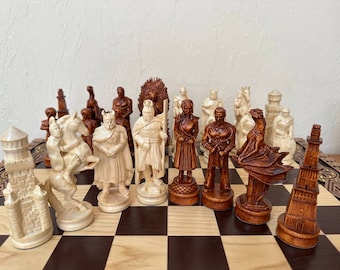 Wooden Chess pieces &quot;Battle of Thrones & Knights&quot; chess set large, chess board only, handmade chess solid wood Anniversary gift personalized