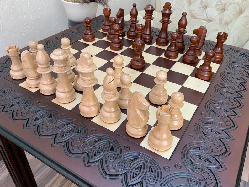 Chess set board, table, wooden classical pieces wood carving handmade family game unique exclusive Christmas gift for son husband boyfriend image 7