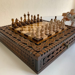 Wooden Chess Board, handmade wood carving, board with two drawers for storing pieces Classic Delux, Anniversary Chtistmas Gift