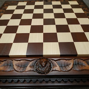 Wooden Chess Table &quot;Lion Victory&quot; ALL SIZES chessboard woodcarving exclusive chess set family game handmade Anniversary gift for husband