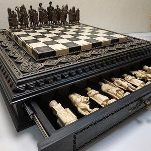 Chess set "Battle for Kings"-Black stone, Wooden board with storage-2 drawers, pieces Knights/Cossacks, Anniversary Christmas gift for man