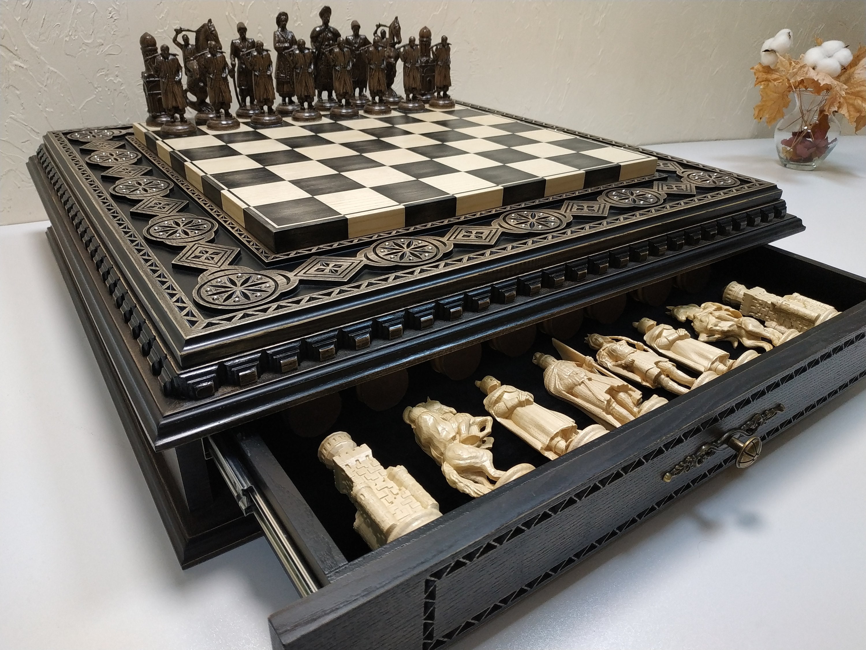 Chess set "Battle for Kings"-Black stone, Wooden board with storage-2 drawers, pieces Knights/Cossacks, Anniversary Christmas gift for man