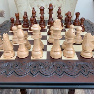 Chess set board, table, wooden classical pieces wood carving handmade family game unique exclusive Christmas gift for son husband boyfriend image 4