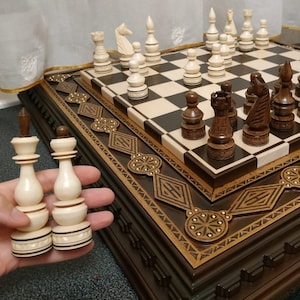 Wooden chess pieces exclusive carved wood unique wood carving from Ukraine chess set handmade gift for husband friends. PRICE without BOARD