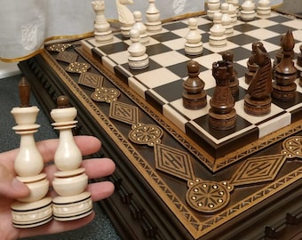 Wooden chess pieces exclusive carved wood unique wood carving from Ukraine chess set handmade gift for husband friends. PRICE without BOARD