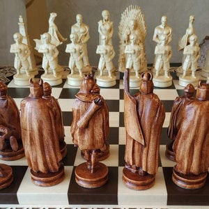 Hölzerne Schachfiguren Schlacht der Throne + Ritter Schachset einzigartige Holzschnitzerei Stücke exklusive handgemachte Geschenk Weihnachten, Jubiläum, Hochzeit