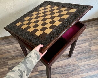 Vintage Ethan Allen Game Table Chess Checkers Square Wood Etsy