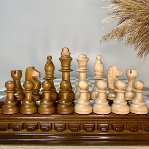 Staunton Elite wooden Chess pieces, Beige|Brown stunning chess set large, chess board only, handmade chess wood gift for son personalized