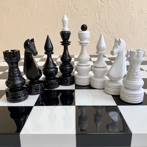 Handmade Maple Wood Chess Pieces: Black & White Gloss Tournament Set