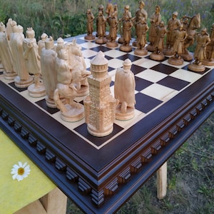 Wooden chess set: board + pieces Exclusive handmade big large wood chess pieces unique gift - husband father friend Carved wood chess pieces