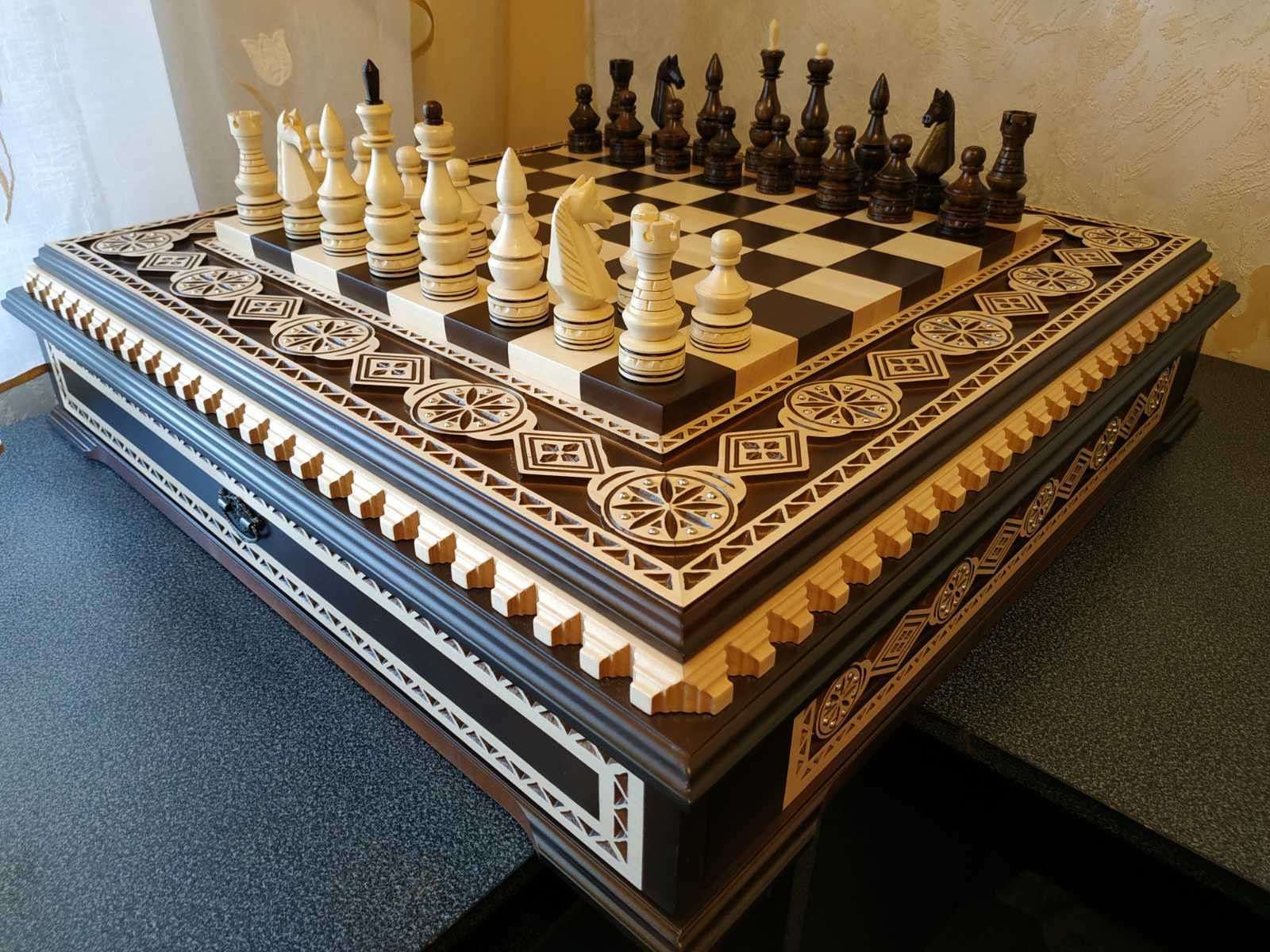 Chess set Wooden board with storage for chess pieces2 drawers Etsy