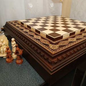 Chess board wood with storage for chess pieces woodcarving handmade wooden chess set exclusive Anniversary Christmas gift for husband father