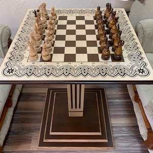 Wooden chess Table with classical pieces Elite , Natural color, solid sah wood, carved handmade Annyversary Birthday  Gift for Dad, Husbend