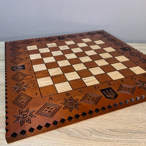 Wooden Chess Board "Star of Life" Ukrainian trident, Ash, Handmade Wood carving family game Exclusive Wedding Anniversary Gift Personalized