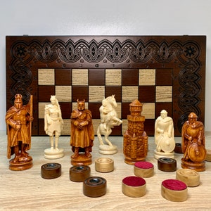 Chess set 3 in 1: chess, checkers, backgammon. Storage for pieces, Chess pieces Knights, backgammon chips, family game, handmade carving