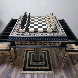 Chess table &quot;Bright Victory&quot; in Black, storage for &quot;Elite&#39;&#39; pieces+two stools, wooden chess set ash wood, unique gift for your husbаnd