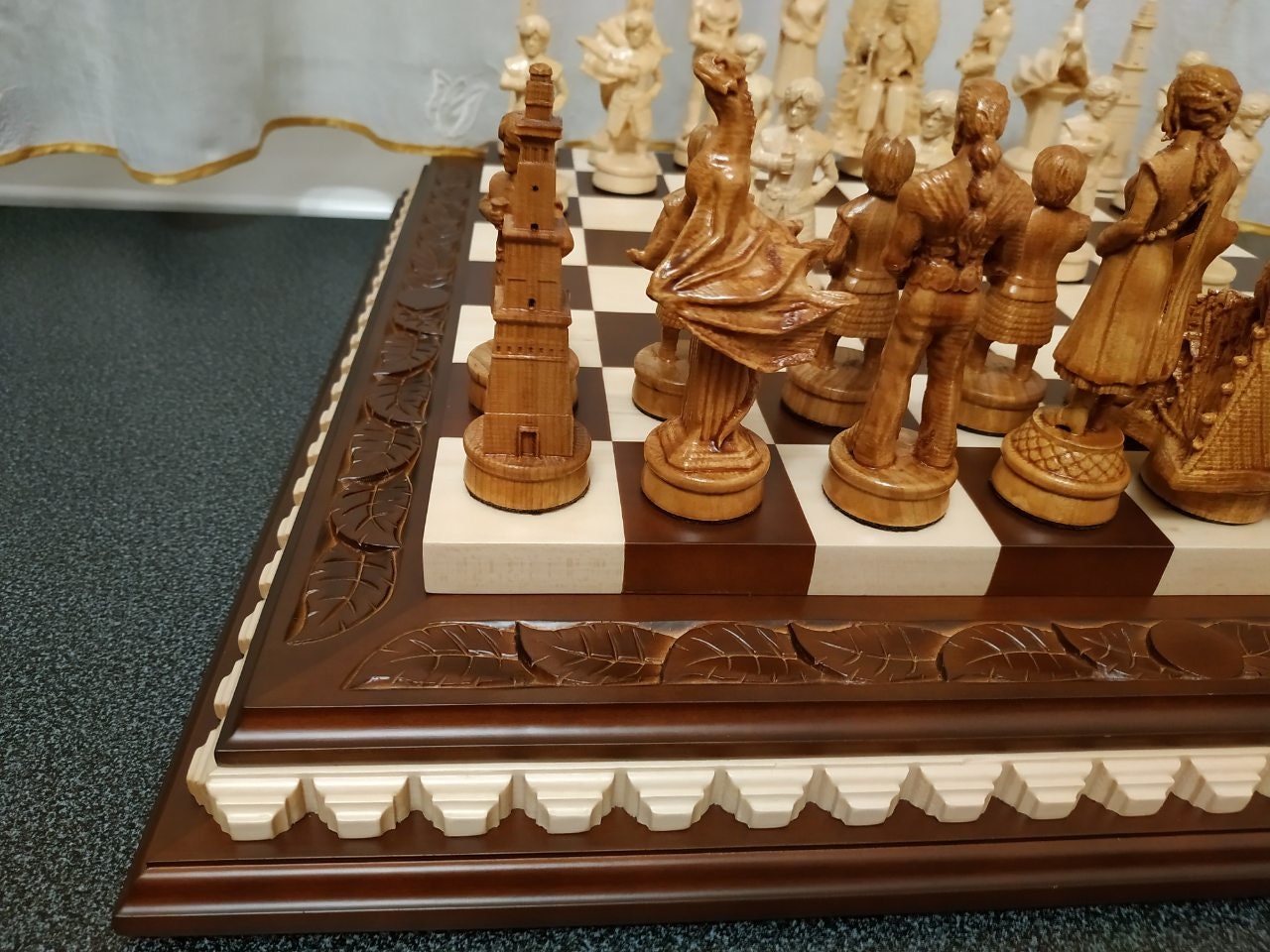Wooden Chess set board pieces wood carving handmade family Etsy