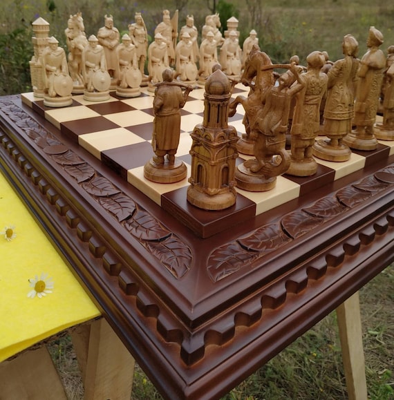 Wooden Chess Set Board Pieces Exclusive Handmade Big Large Wood Unique Gift Husband Father Friend Carved