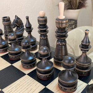 Wooden chess pieces &quot;Classic Luxe&quot; ONLY , carved handmade solid maple wood, exclusive Gift Annyversary Birthday for Husband  Dad Boss Son