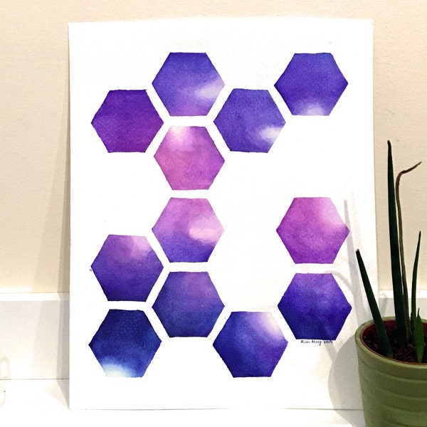 ORIGINAL Watercolor Geometric Hexagon Pattern Painting