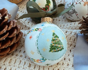 Hand Painted, Ceramic, Christmas Ornament with Paper Chain and Trees