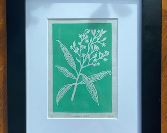 Framed, Blockprint, Wall Hanging, Green Mango Tree Leaves