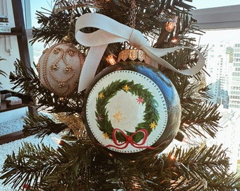 Hand Painted, Ceramic, Christmas Ornament with Wreath and Tree