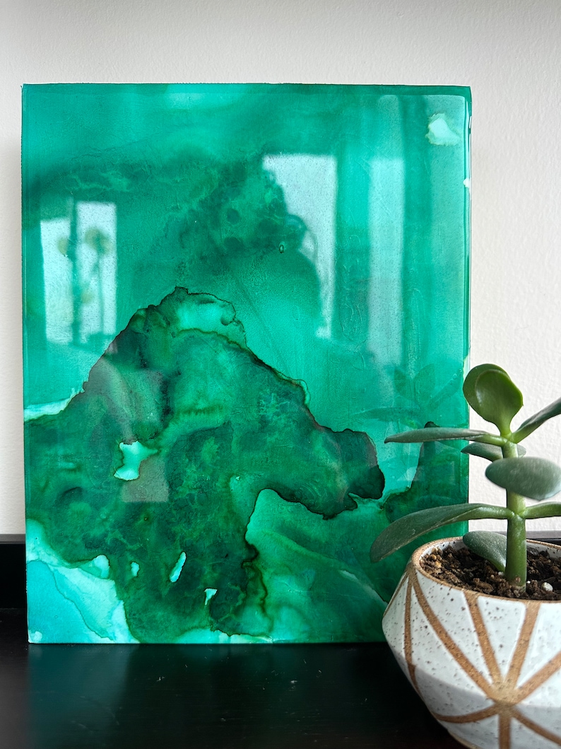 Abstract Art, Alcohol Ink, Resin, Malachite Green image 6