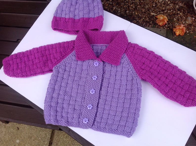 age 6-9 months pink cardigan set Girls Handknitted Cardigan with Matching Beanie