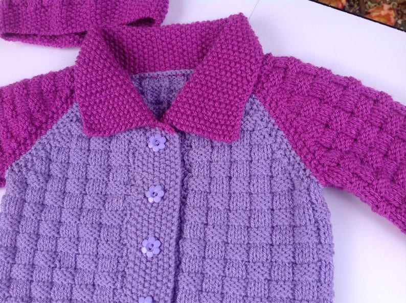 age 6-9 months pink cardigan set Girls Handknitted Cardigan with Matching Beanie