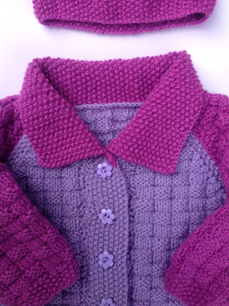 age 6-9 months pink cardigan set Girls Handknitted Cardigan with Matching Beanie
