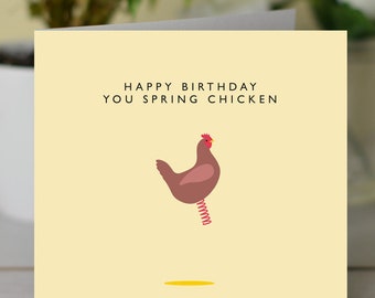 Buon compleanno primavera pollo carta, biglietto di compleanno divertente, carta di gioco di parole, carta di compleanno, pollo primavera, carta umoristica,