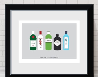 Gin Bottles Art Print: Contemporary Bar Sign, Gin Lover Gift